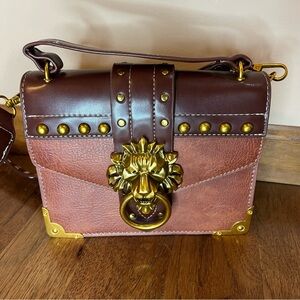Studded Trim Satchel hand Bag brown lion door knocker